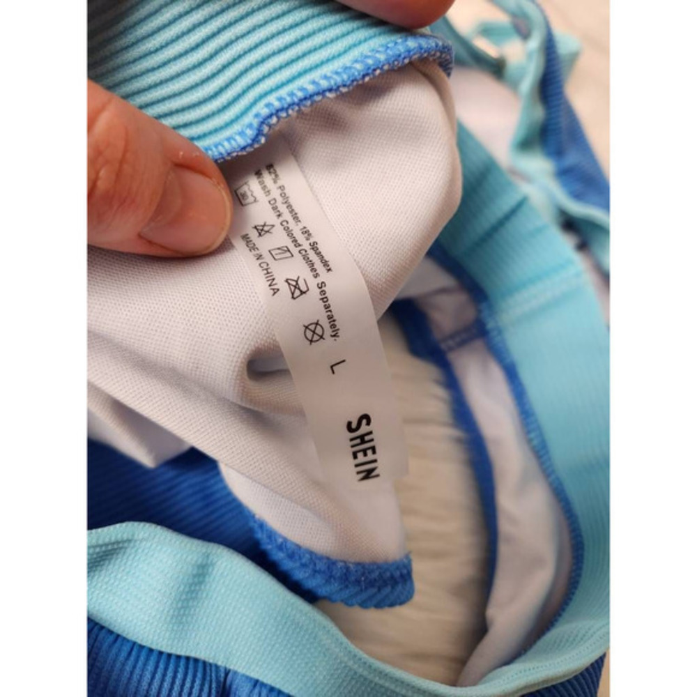 Shein Womens Bikini Swimsuit Blue Turquoise Color Block Retro High Cut Ribbed L - Picture 7 of 7